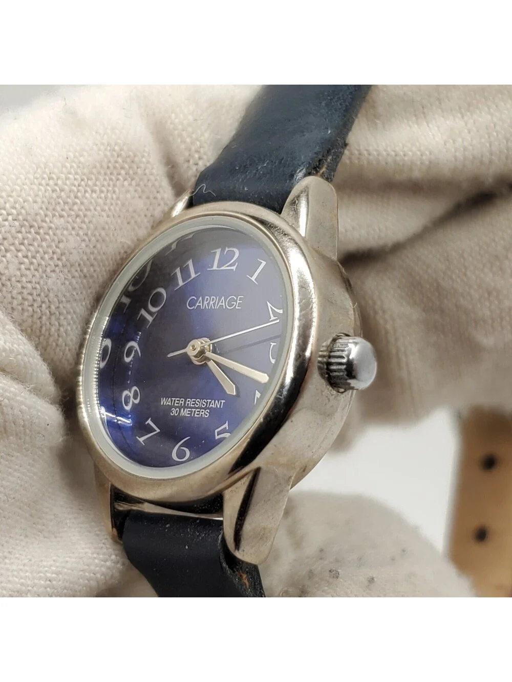 Carriage Quartz Watch Womens 22mm Blue Dial Silver Tone New Battery